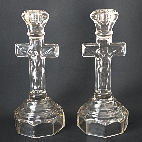 2 Vintage Crucifix Candlestick Holders Candle Holder Religion - Picture 1 of 7